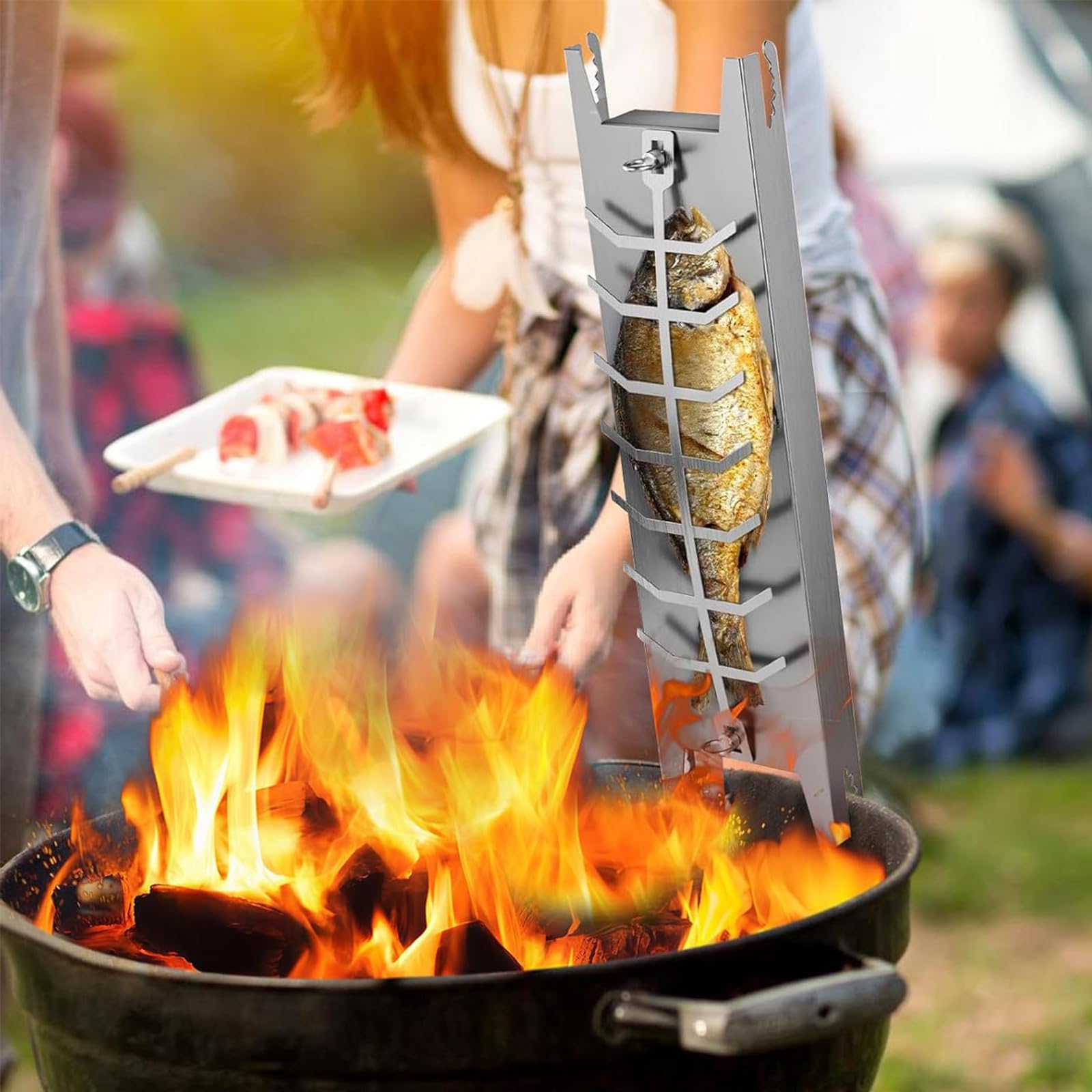 Flammlachsbrett Edelstahl, Flammlachsbrett für Feuerschale, mit Fünf Verstellwinkel für die Neigung & 180° Drehbar, Lachsbretter zum Grillen Feuerschale, Geeignet für Feuerschalen und Kugelgrills