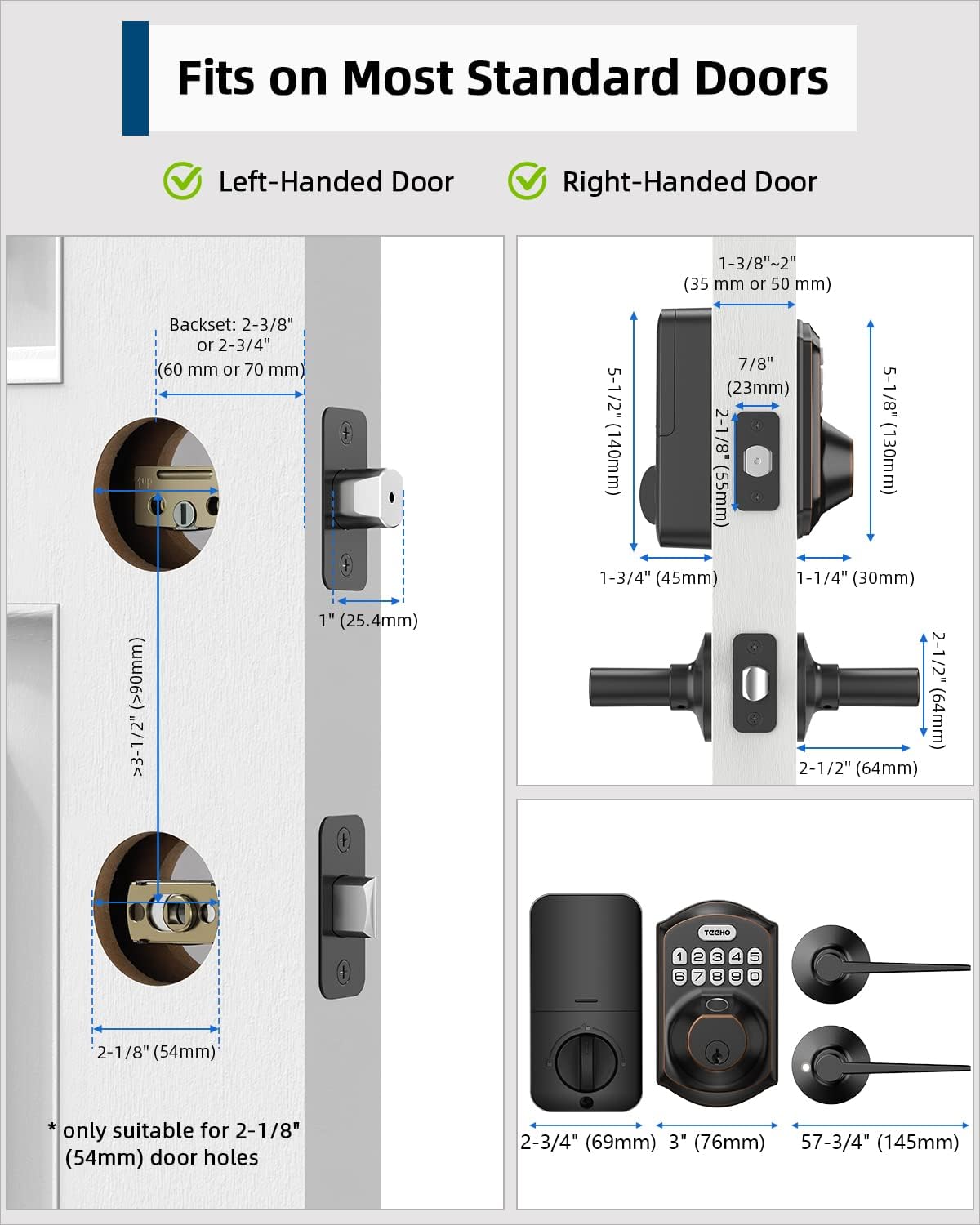 TEEHO Fingerprint Door Lock with 2 Lever Handles, Keyless Entry Door Lock with Handle, Electronic Keypad Deadbolt Front Door Lock Set with Auto Lock and 1 Touch Locking, Oil Rubbed Bronze