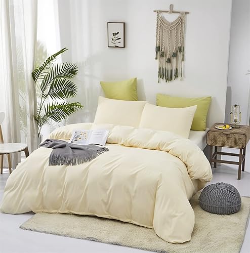 Miniatura 4 de Cottonight - Juego de edredón color blanco marfil tamaño King, moderno edredón unicolor de algodón suave y transpirable, para mujeres y hombres