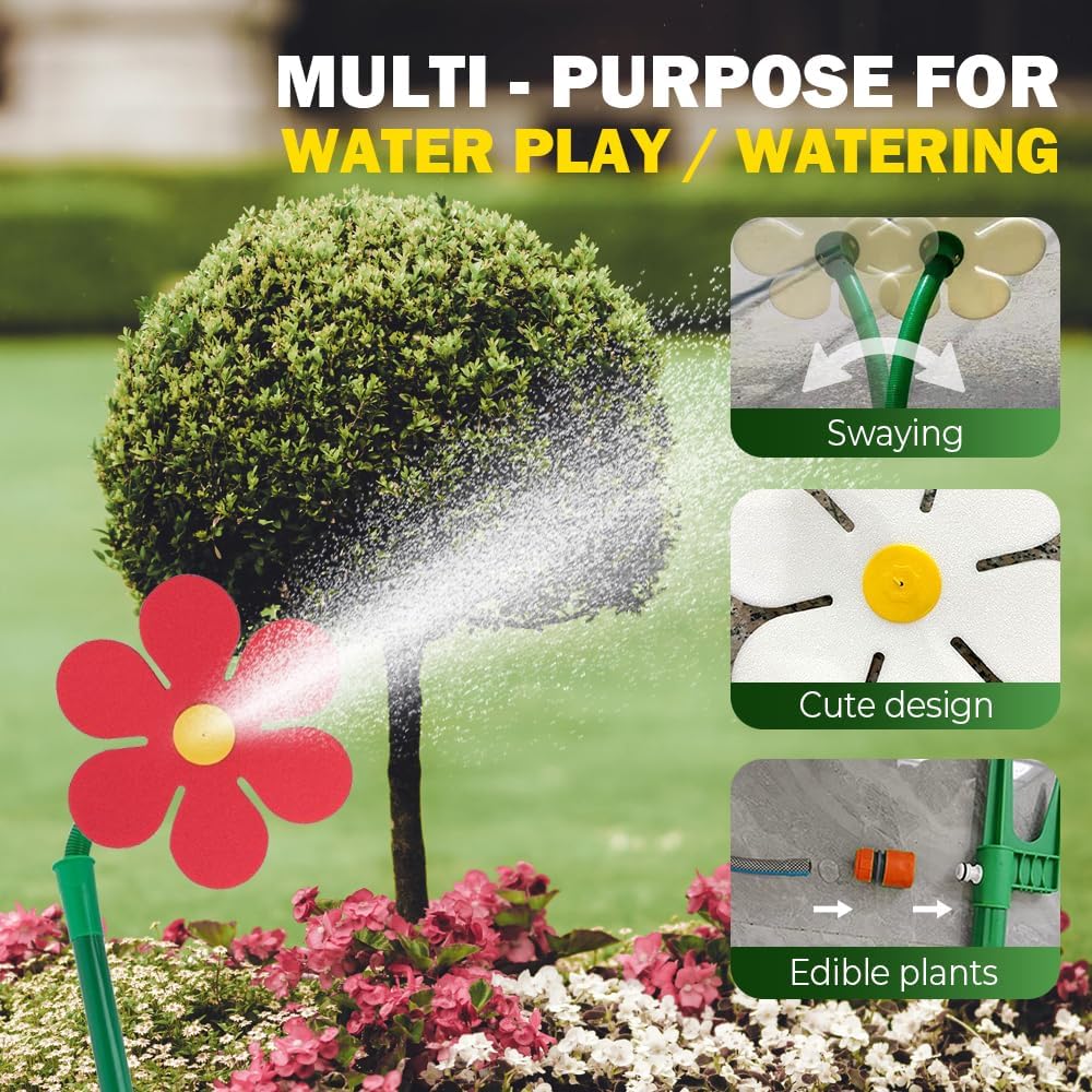 2 Pieces Sprinkler, 360° Rotating Dancing Flower Water Sprinklers, Daisy in Rock, Intense Yard Lawn Sprinkler, Fun Irrigation Tool for Yard Watering, Dogs Playing (Red + White)