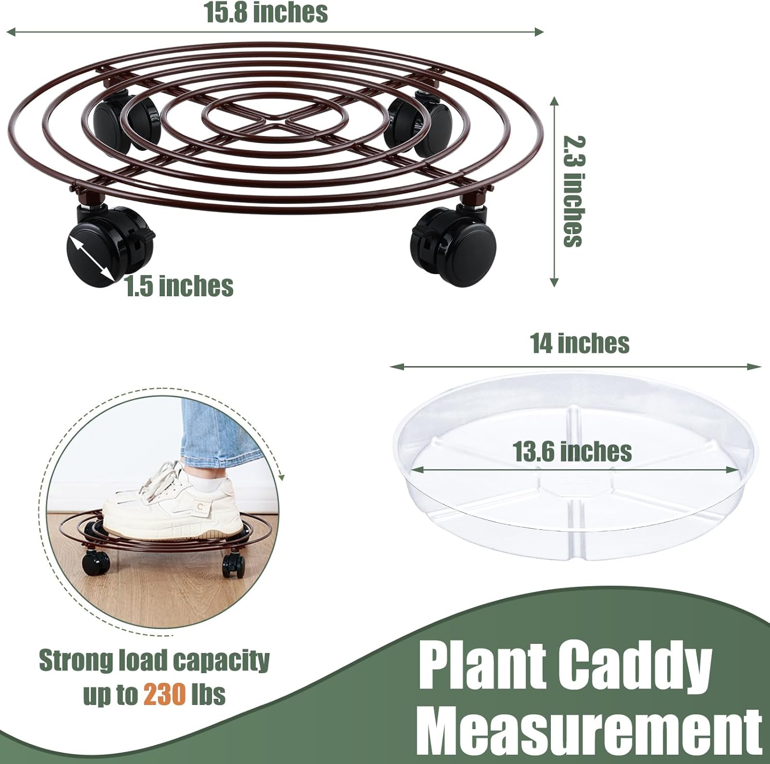 6 Packs 15.8 Inches Metal Plant Caddy with Wheels Extra-large Rolling Plant Stands Heavy-duty Wrought Iron Plant Roller Base Pot Movers Indoor Outdoor Plant Dolly Trolley Planter Tray Coaster