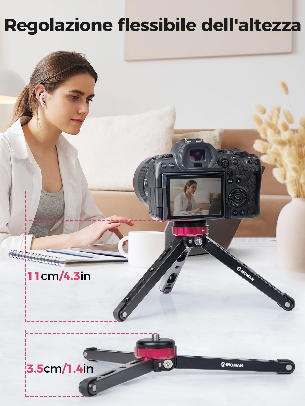 Moman Mini Treppiedi, TR01 Tavolo Treppiedi Piccolocon Attacco a Vite 1/4 e 3/8 Mirrorless con Carico Massimo di 80 kg Alluminio CNC per Fotocamera Camere Reflex Smartphone DSLR, Nero Rosso