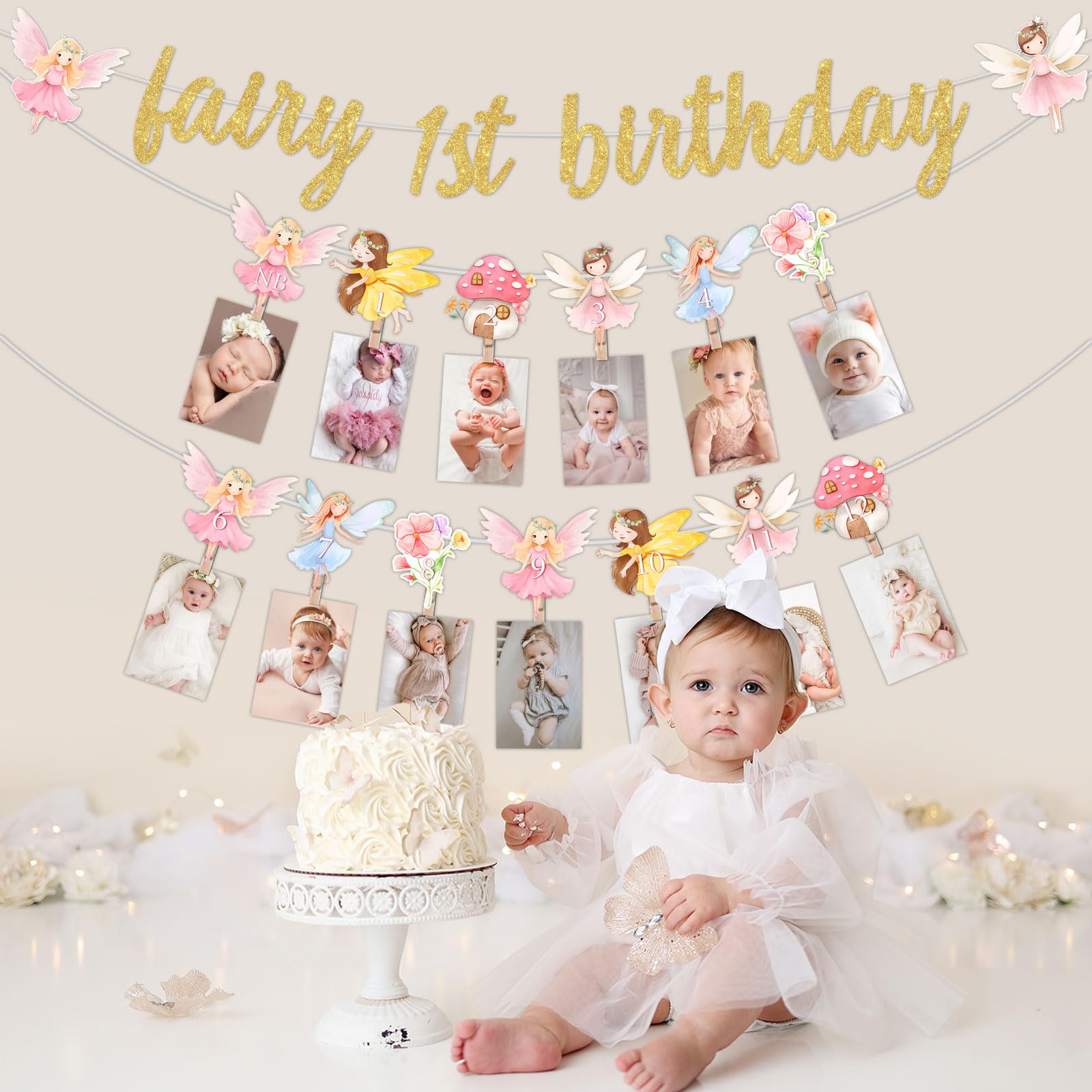 Decorazioni per il primo compleanno con fata per il primo compleanno, striscione fotografico mensile per decorazioni floreali per la prima festa, decorazioni di un anno per bambina
