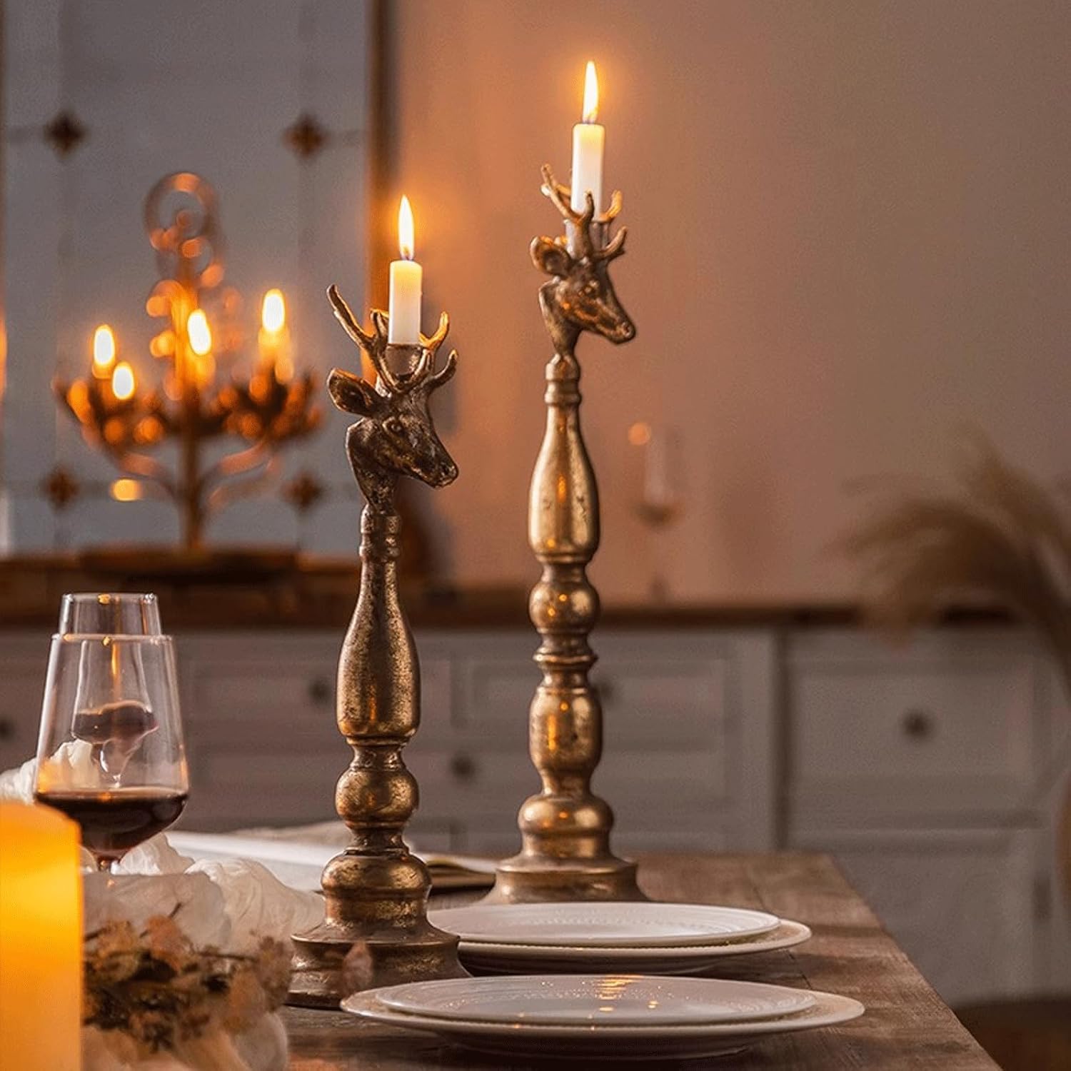 Candleabra Vintage Iron Candle Holder Metal Reindeer Distressed Candelabra Taper Candle Holder for Wedding Parties Dining Table Decor Mantle Decor