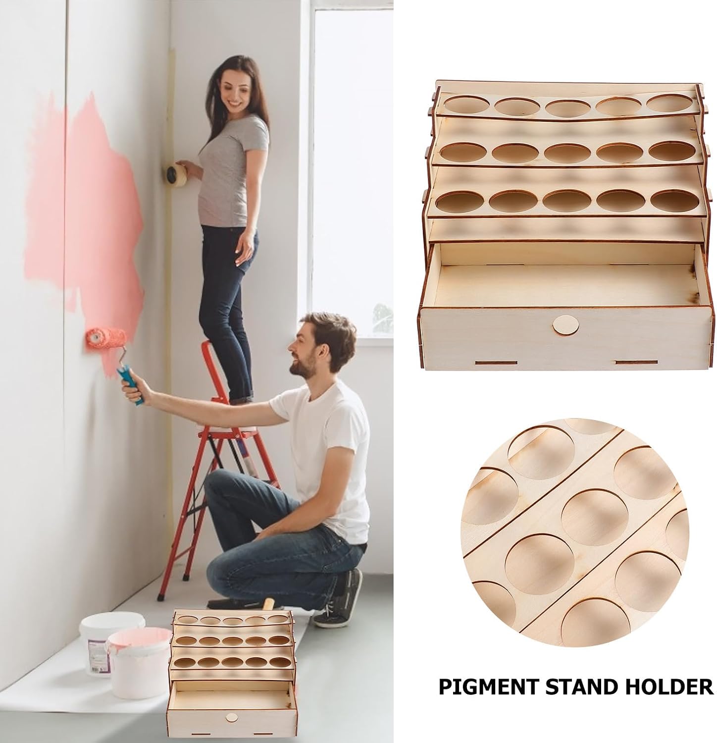 Wooden Paint Rack Double Layer Storage Organizer for Brushes