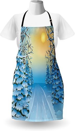 Miniatura 2 de Invierno delantal por Ambesonne impresión, bosque vista visualización gráfica con Snowy camino entre árboles y sol en cielo, unisex delantal con