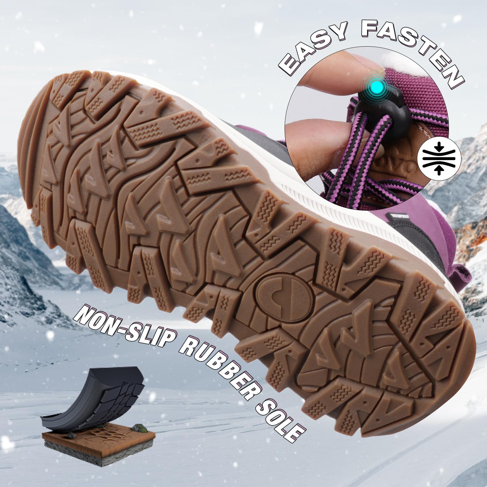 UOVO Dziecięce buty zimowe, chłopcy, dziewczęta, wodoodporne, skórzane, śniegowce, ciepłe buty outdoorowe z futrzaną podszewką, antypoślizgowa podeszwa, rozmiar 34-40