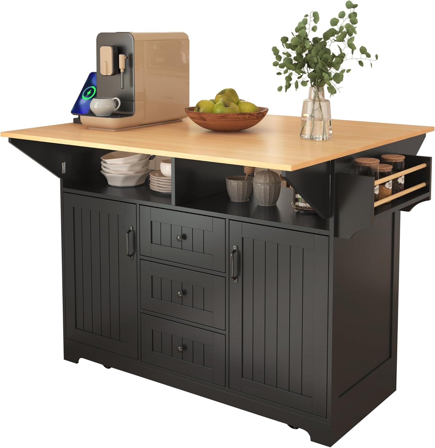 GDFStudio 55.7" Kitchen Island with 2 Drop Leaf,Rolling Kitchen Cart on 5 Wheels with Power Outlet, Folding Storage Dining Table with Spice & Towel Rack, 3 Drawers, for Kitchen, Dining Room,Black