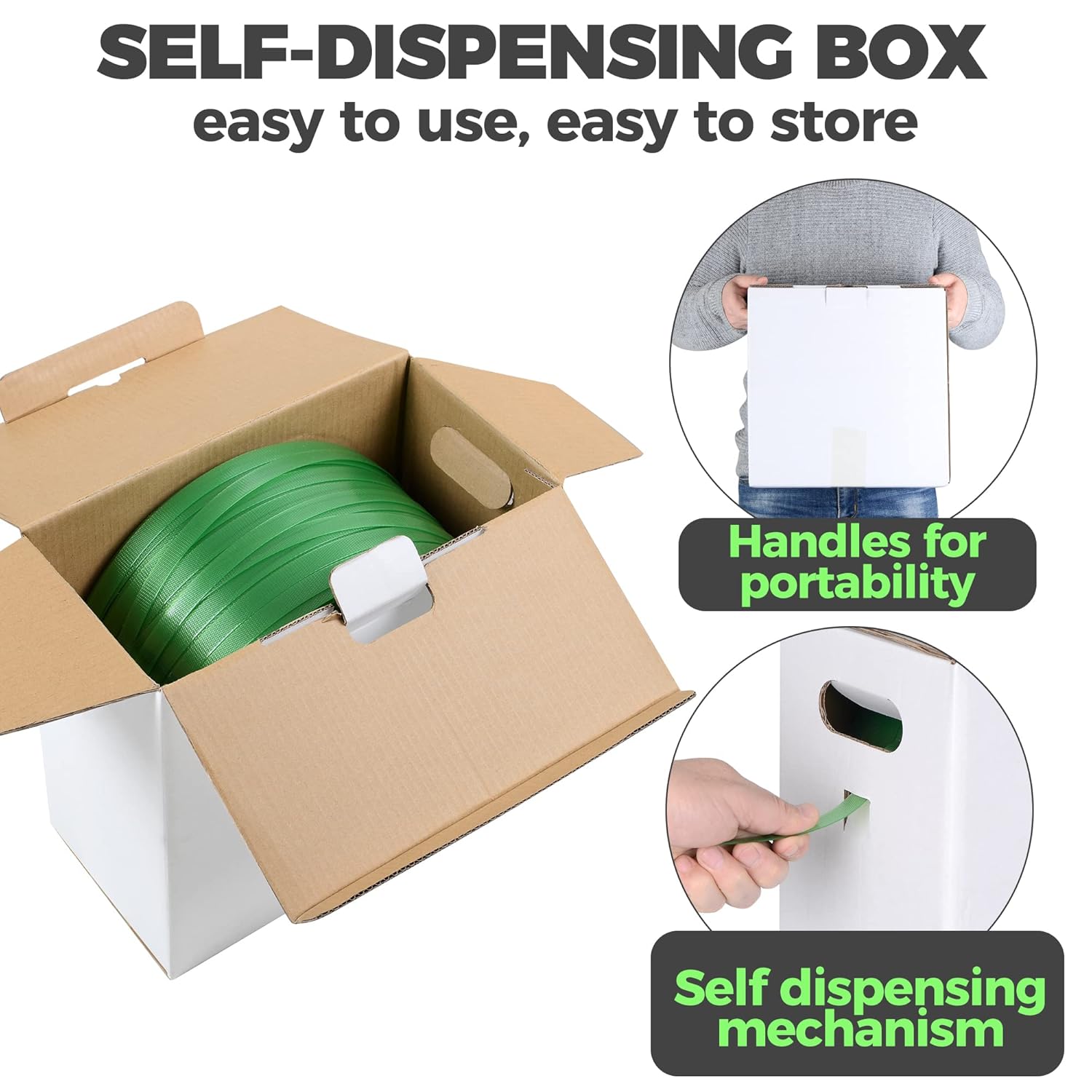 Heavy Duty Packaging Strapping Banding Roll - Green Polyester PET Industrial-Grade, 1000' x 5/8" x 0.035" Pallet Strap Coil - 1400 lbs Break Strength, Rust-Resistant with Self Dispensing Box Kit