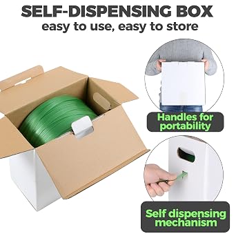Heavy Duty Packaging Strapping Banding Roll - Green Polyester PET Industrial-Grade, 1000' x 5/8 x 0.035 Pallet Strap Coil - 1400 lbs Break Strength, Rust-Resistant with Self Dispensing Box Kit