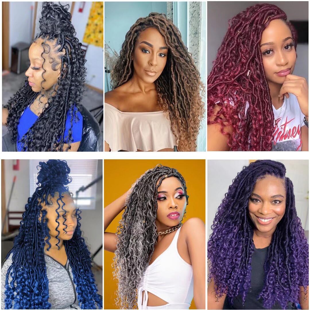 Blue River Locs Crochet Hair 8 Packs 18 inch New Goddess Locs Crochet Hair Pre-looped Faux Locs Crochet with Curly End Boho Hippie Braids(18inch T1B/Blue#)