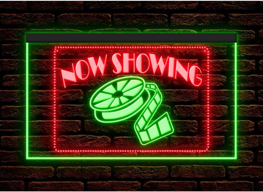 140029 Now Showing Movies Theater Home Decor Studio illuminated Display LED Night Light Neon Sign 7 Colors / 16 Colors By Remote / 13 Set Dual Color Two Tone Color (Blue & Yellow, 12" X 8")