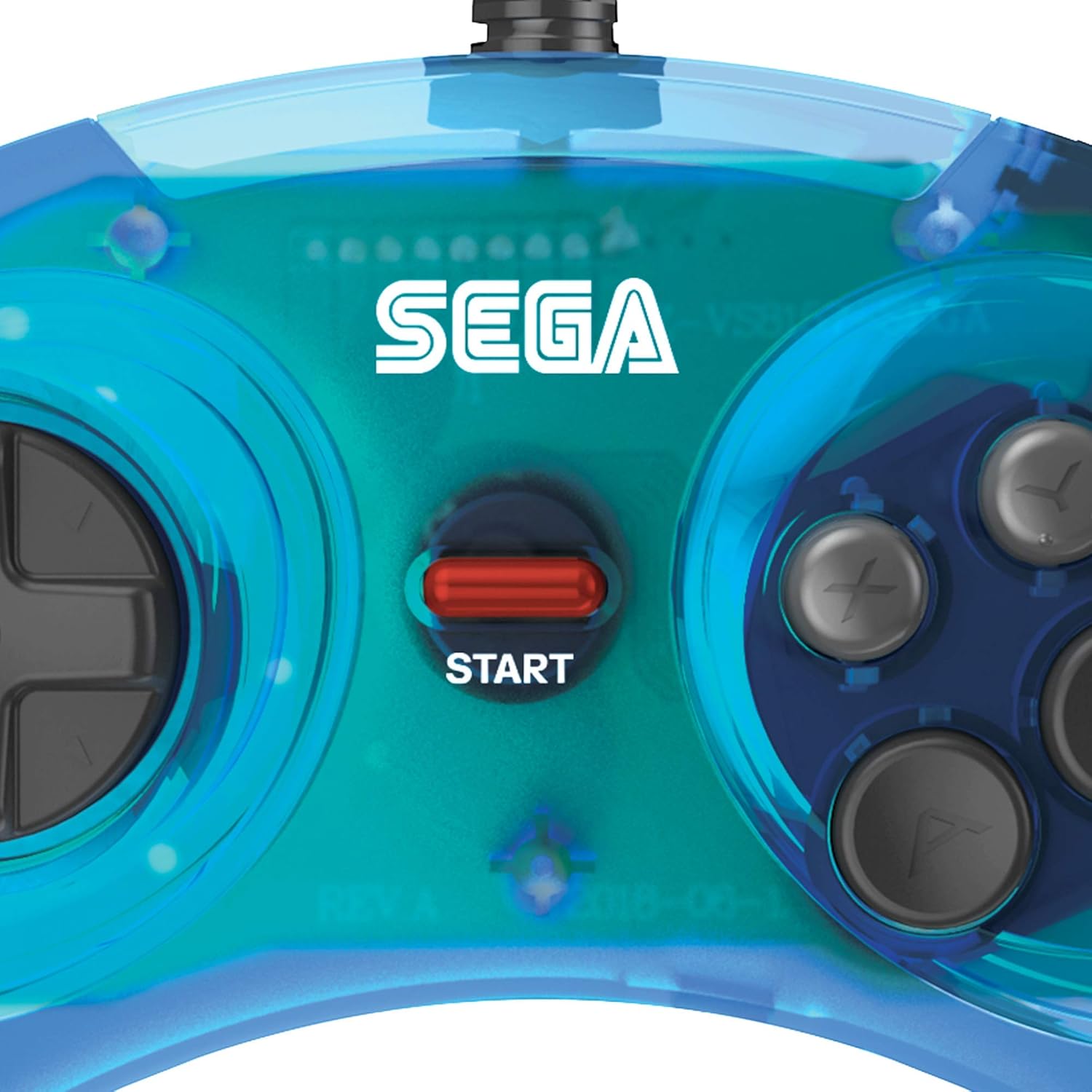 Close-up of the SEGA logo and Start button on the controller