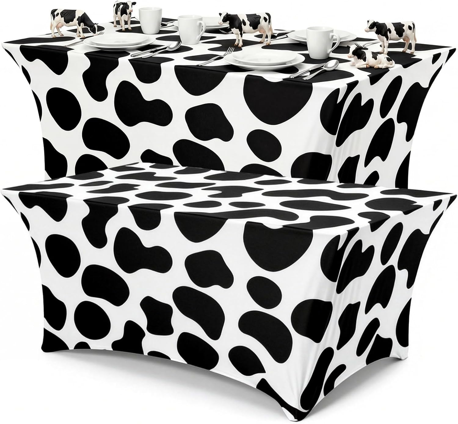 Frienda 2 Pcs Cow Pattern Tablecloth Stretch Spandex Black and White Cow Pattern Table Cover 71 x 30'' Rectangle Tablecloth for Farm Animal Themed Birthday Baby Shower Party Decorations