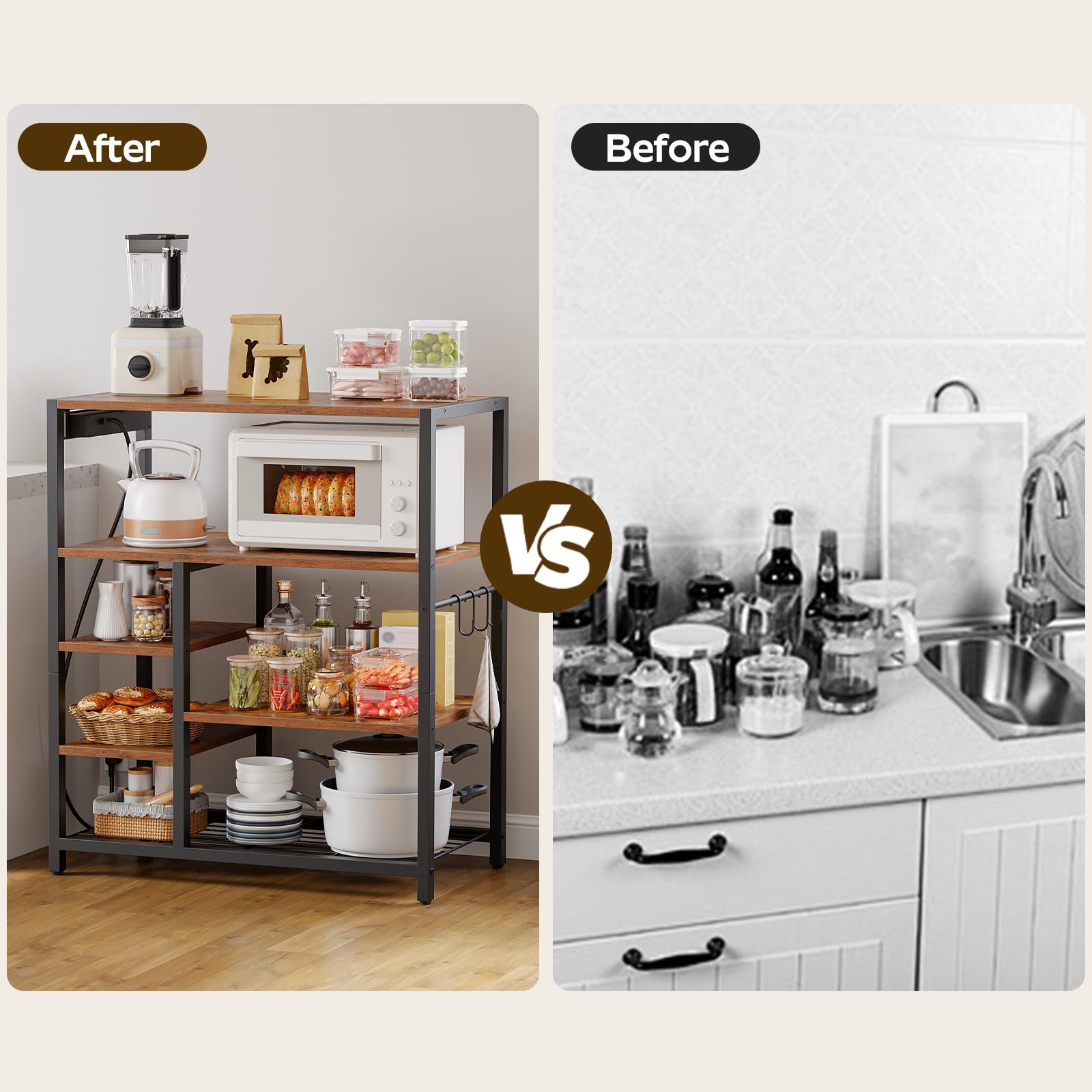 HOOBRO Küchenregal mit Steckdosenleiste (3 AC-Steckdosen mit Schalter), Standregal, Mikrowellen-Regal mit 3 abnehmbaren S-Haken, 5 Ebenen, für Küche und Wohnzimmer, Vintagebraun und Schwarz EBF25CHB01