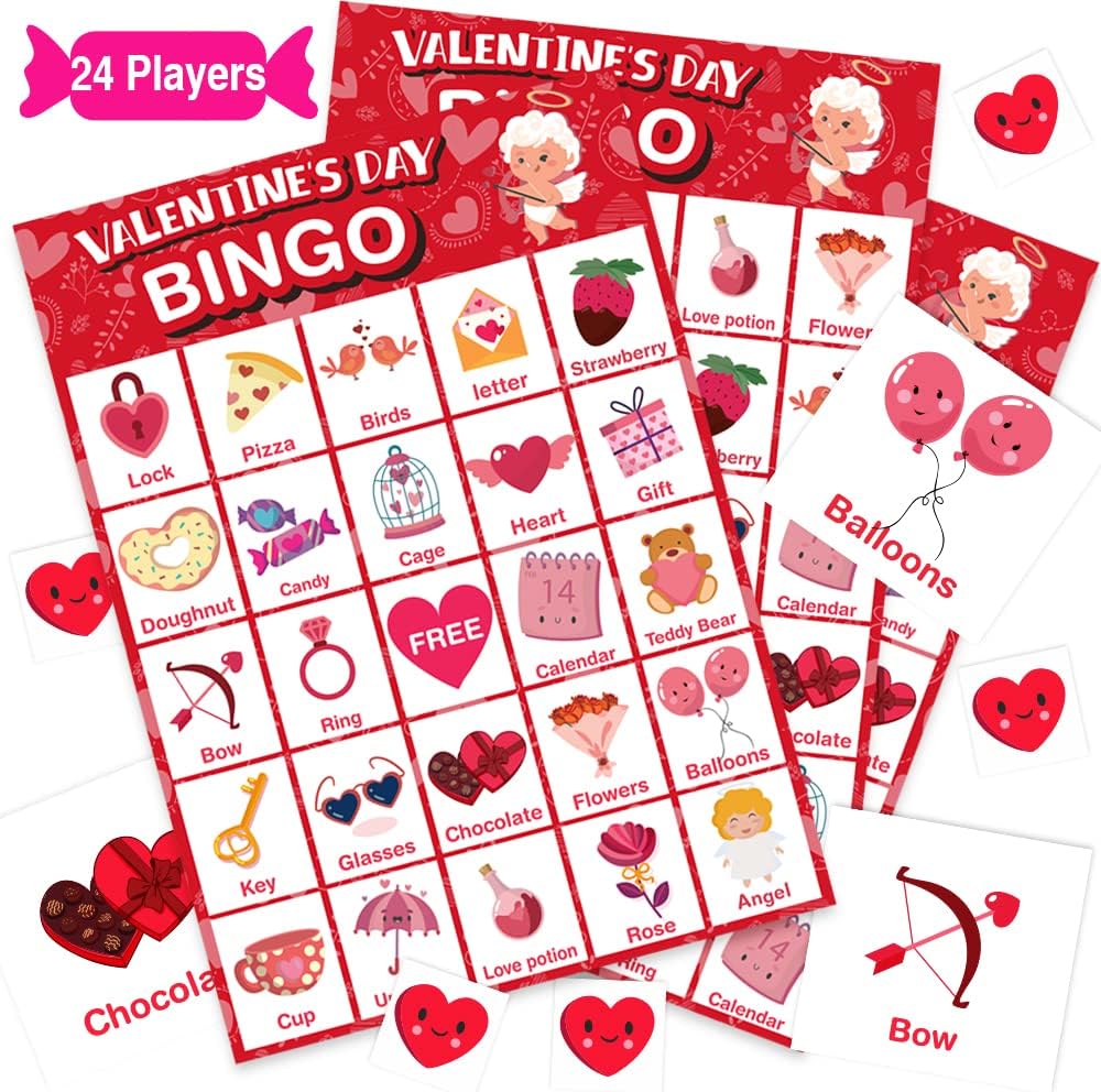 V-Opitos Valentines Day Large Size Bingo Game Card for Kids/Adults, 24 Players - Valentine Game for Family/School Classroom/Large Group, Valentine Party Favor for Boy/Girl