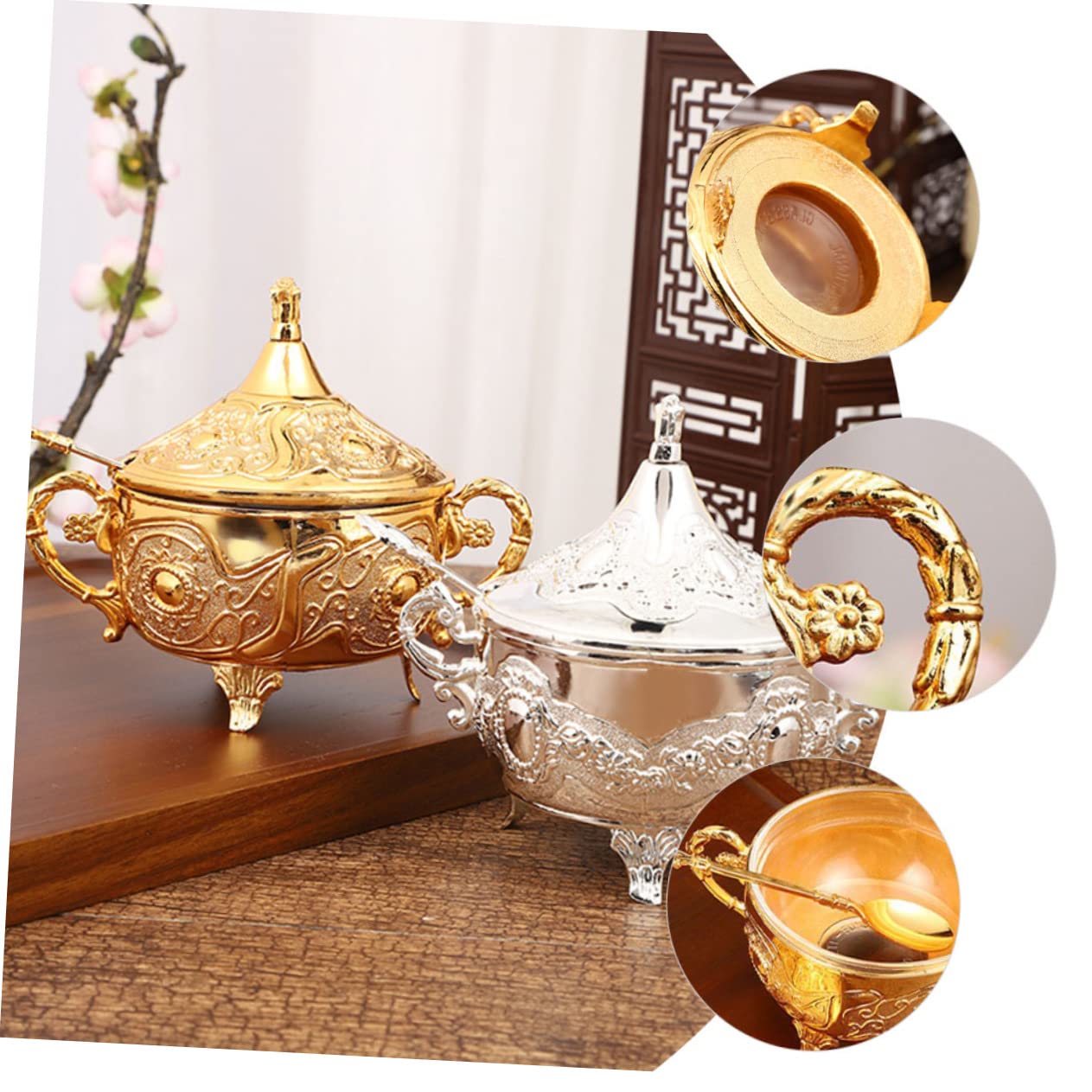 FUNOMOCYA Golden Spice Box with Lid European Style Kitchen Condiment Container Elegant Design for Sugar Salt Pepper and Seasoning Storage and Dust Kitchen Accessory