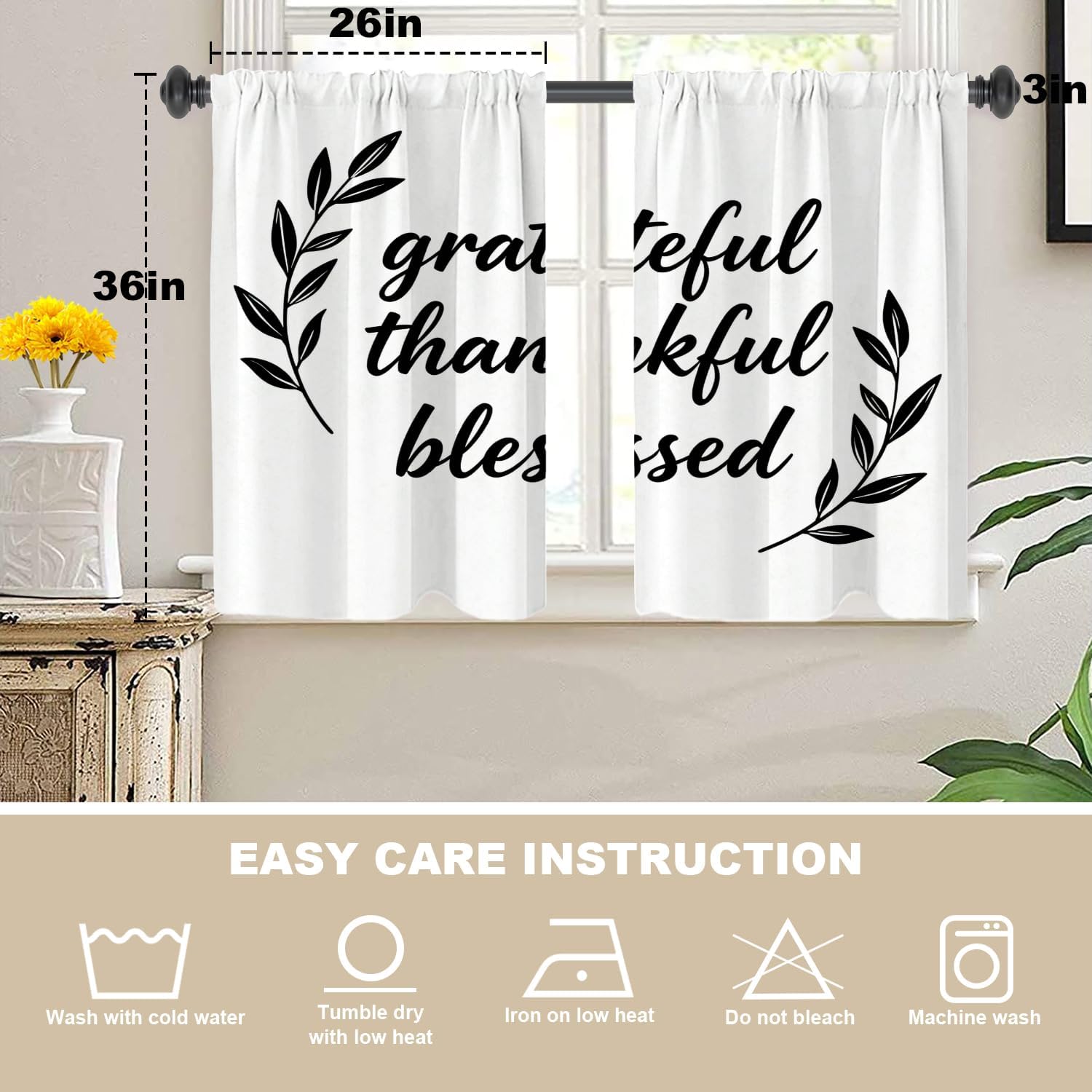 Inspirational Quote Love Cafe Curtains 36 Inch Length, Inspirational Thanksful Quote Message Blackout Tier Curtain Multilayer Polyester Short Kitchen Drapes 2 Pack 36X26 Inches