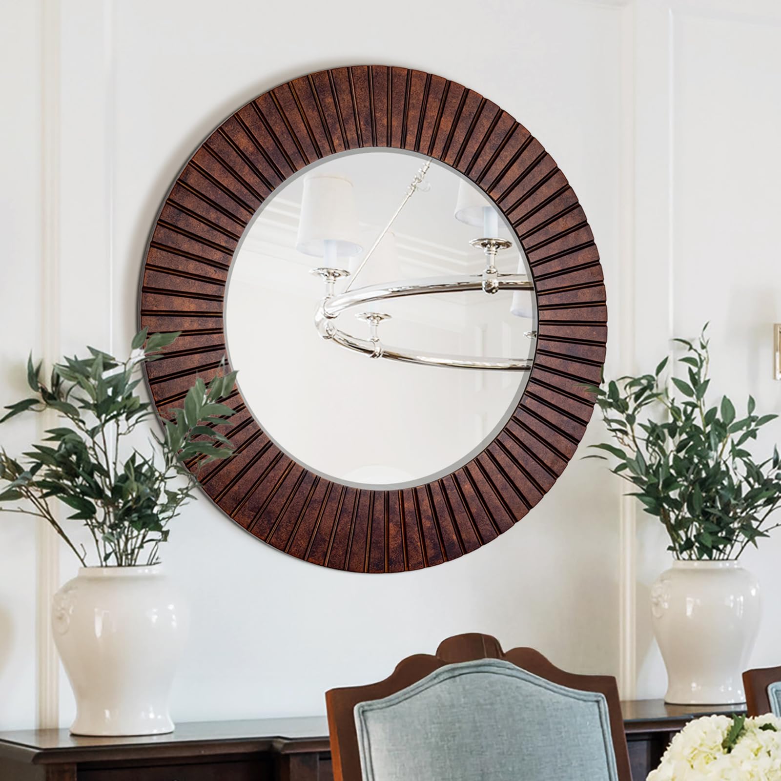 Photo 1 of Chende 36'' Circle Mirror with Wood Frame, Large Decorative Mirror for Living Room, Farmhouse Bathroom Mirrors with Bronze Groove Finish for Entryway, Bedroom