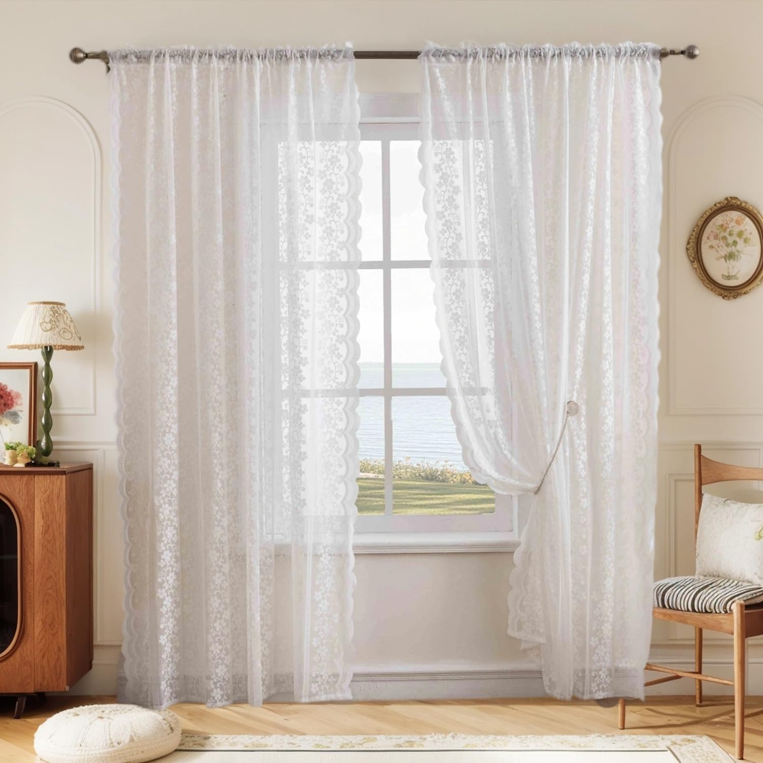 White Lace Curtains 84 Inches Long for Bedroom Living Room 2 Panels, Elegant Vintage Scalloped Edges Boho Floral Lace Semi Sheer Curtain Rod Pocket French Country Light Filtering Drapes