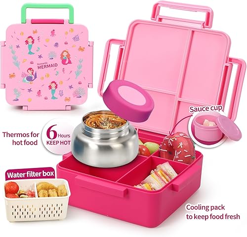 Miniatura 9 de Lonchera Bento para niños con termos, gran capacidad Lonchera aislada para niños con 4 compartimentos para mayores de 3 años, a prueba de caídas y