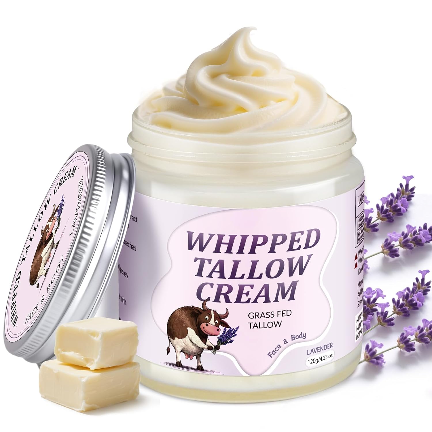 JUANCHI 100% Grass Fed Beef Tallow for Skin, 4.2oz Organic Beef Tallow Moisturizer, Handmade Whipped for Face & Body, Natural Cream for Dry & Sensitive Skin (Lavender)