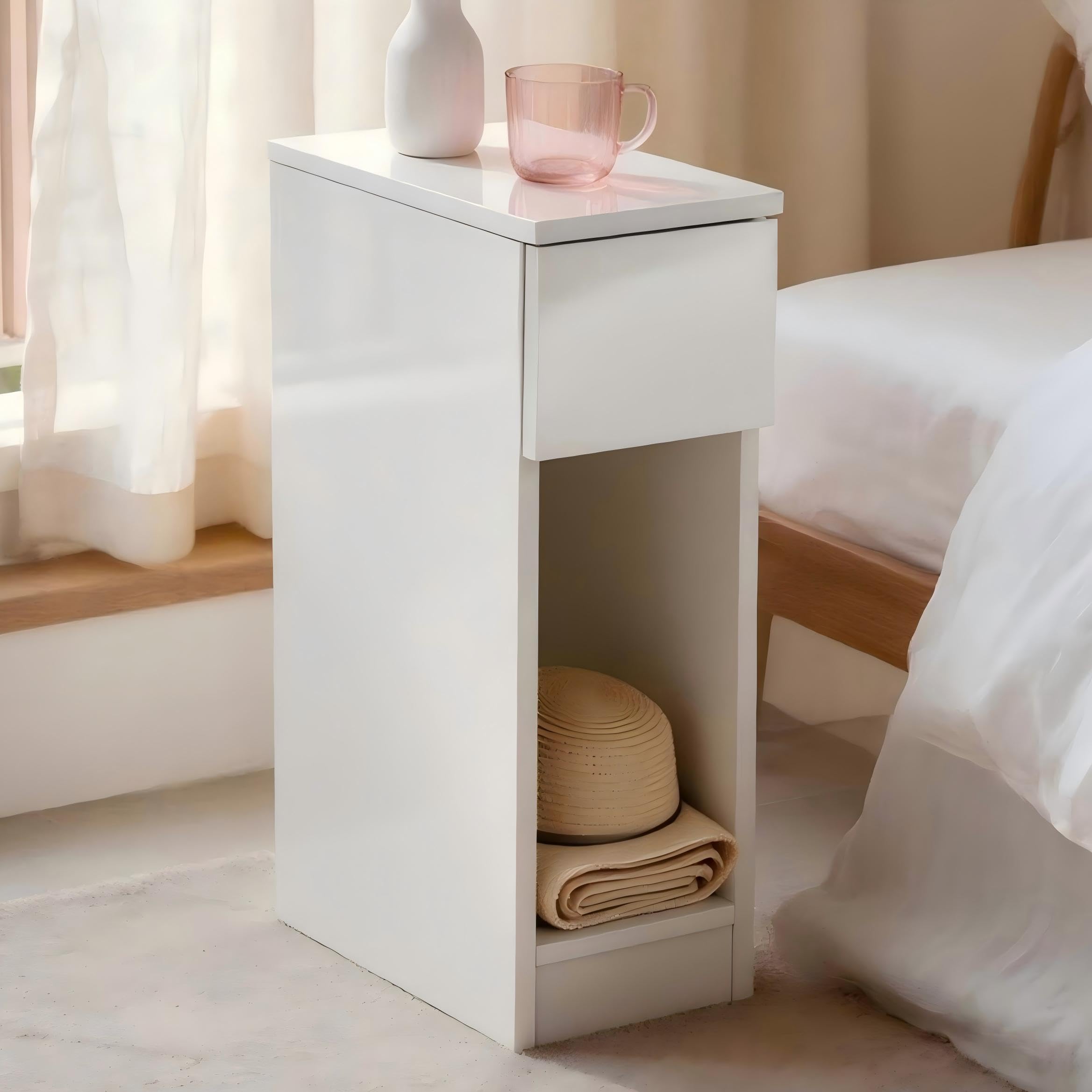 gszbme Slim Bedside Table with Drawer & Open Shelf, 20cm Wide