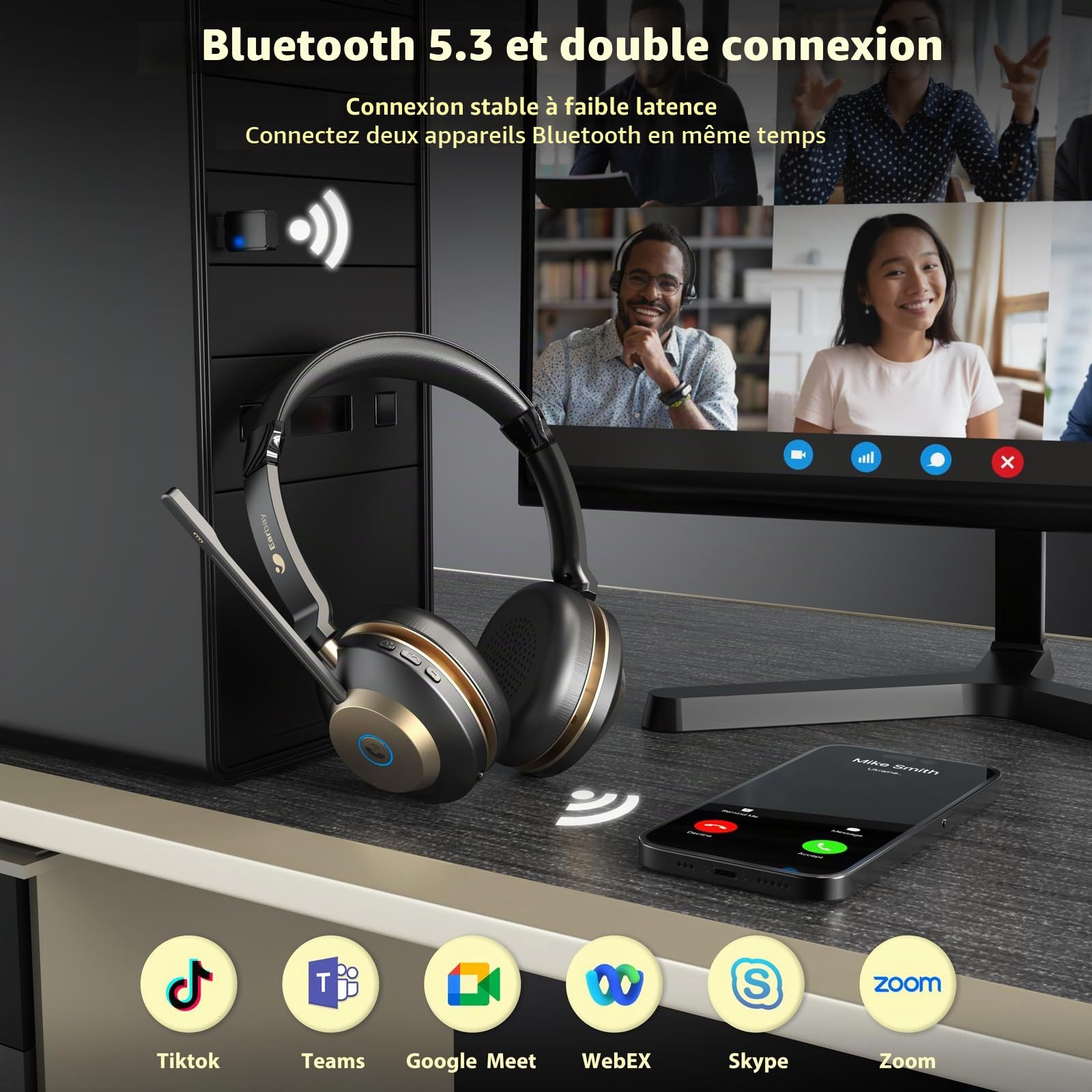 Casque Bluetooth sans fil avec microphone, casque supra-auriculaire avec micro antibruit/mute/station de charge/dongle USB, 45 heures, téléphones portables, équipes Skype Zoom