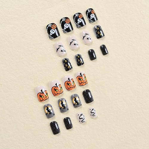 Miniatura 5 de Uñas postizas cortas a presión de Halloween, uñas postizas cuadradas, color nude, negro, con pegamento, para Halloween, linda telaraña, murciélago,