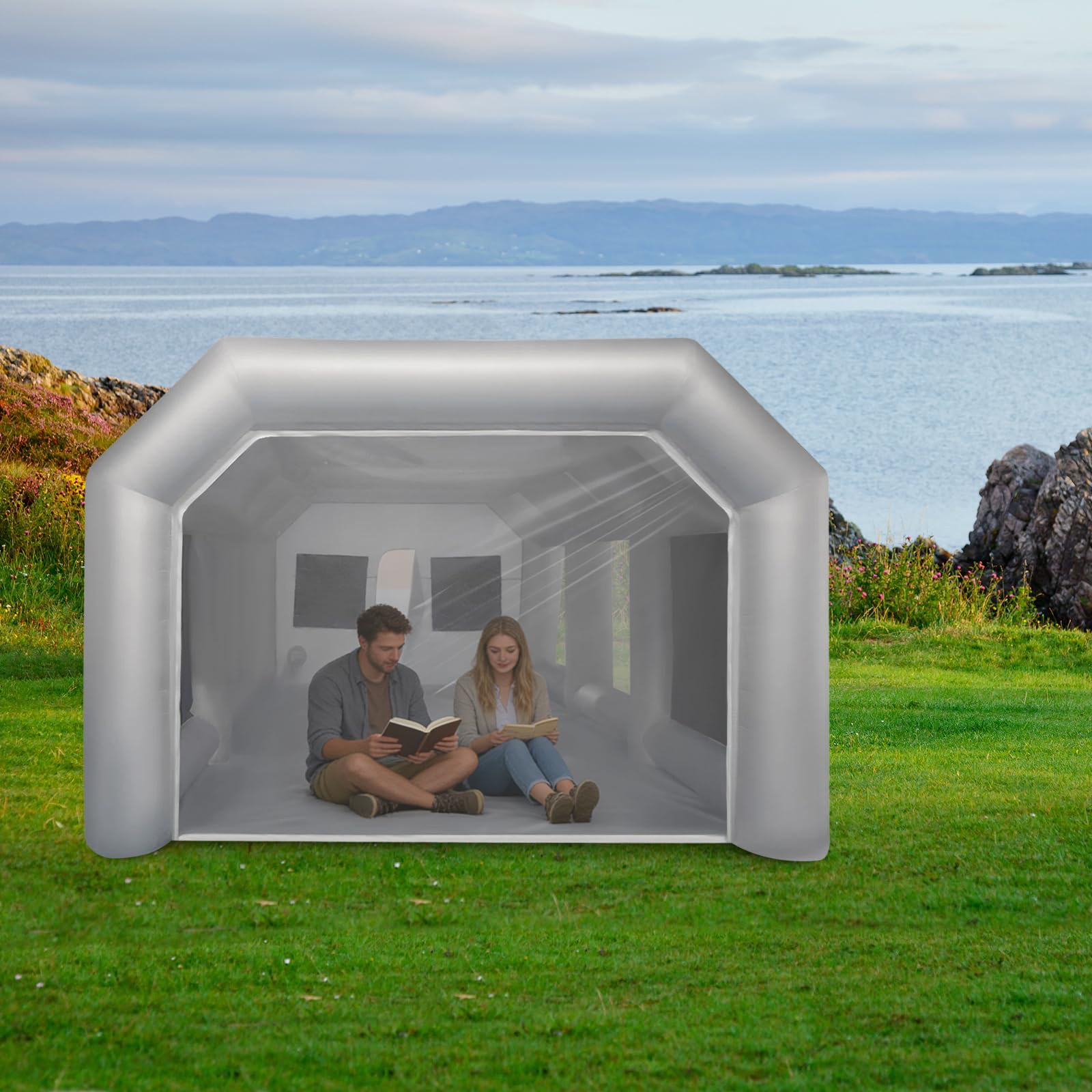 Cabine gonflable 4 x 2,5 x 2,2 m, tente de peinture mobile avec système de filtration et fenêtres, cabine de peinture portable pour voiture, moto et meubles, bâche de sol et piquets inclus