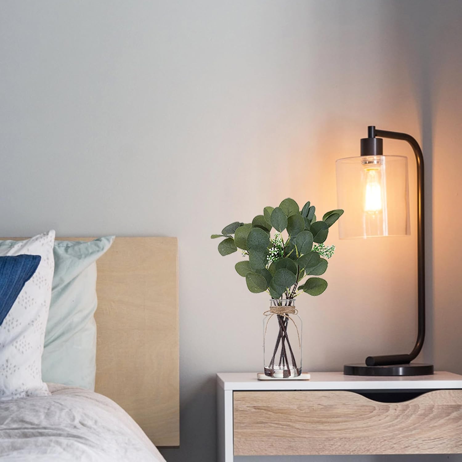 Zhuqing Artificial Eucalyptus Stems in Glass Vase with Faux Water, 14" Fake Plant Eucalyptus Leaves for Home Bathroom Office Farmhouse Wedding Centerpiece Decoration(White Green) - Image 7