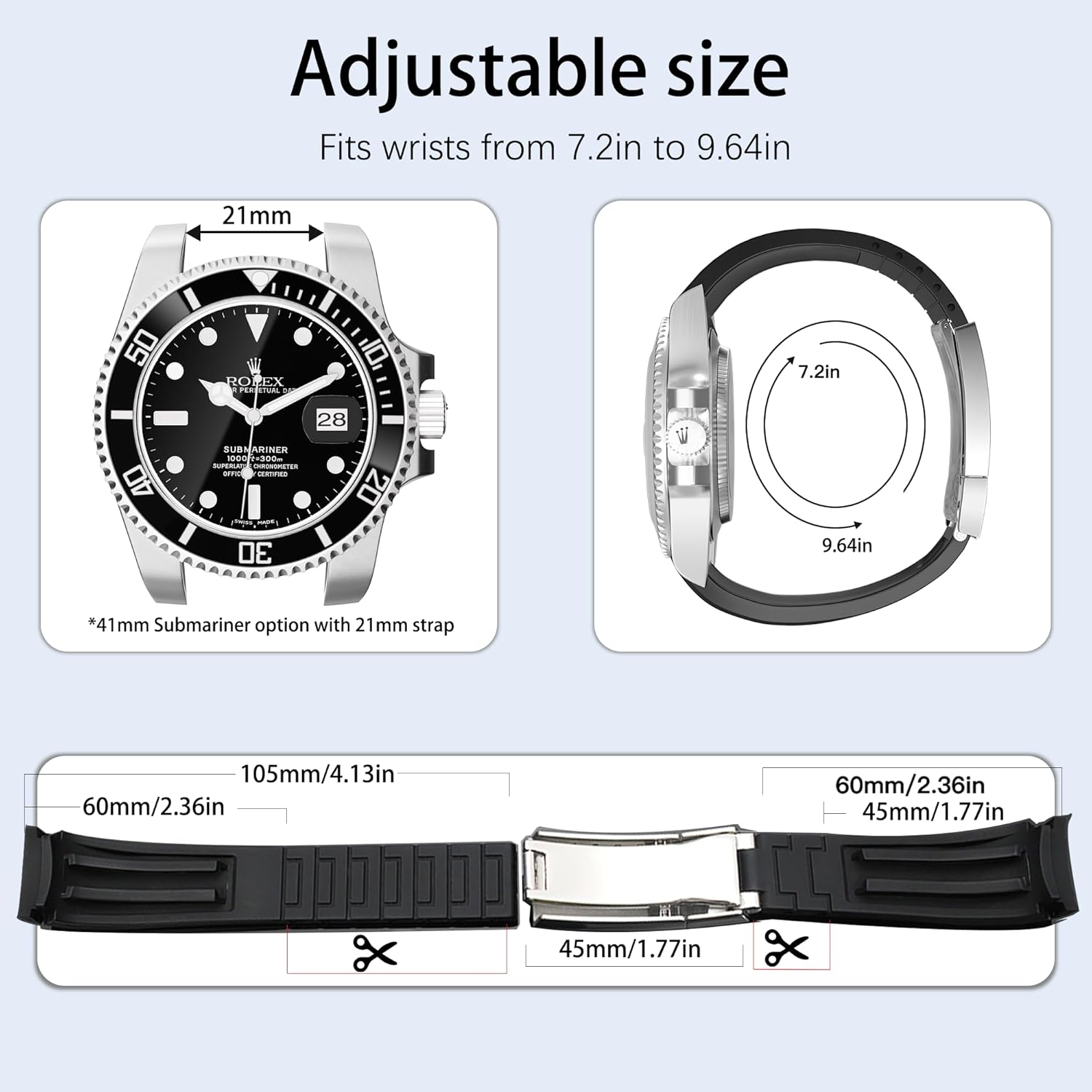 20mm 21mm 22mm Rubber Watch Band for Rolex Watch Strap Soft Curved Replacement Strap for Men & Women