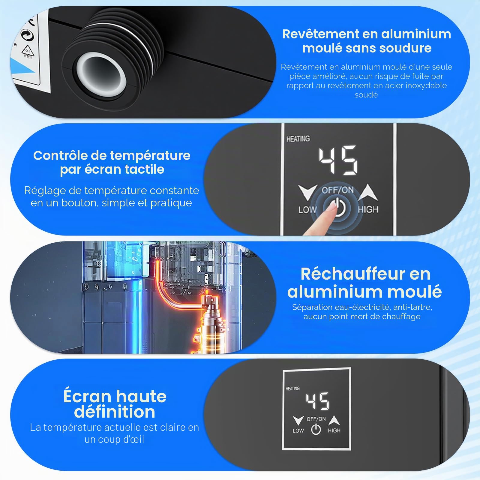 Mini chauffe-eau électrique 5500 W 220 V avec LED 30-55 °C et kit de douche, IPX4, chauffe-eau instantané compact pour douche, cuisine, camping-car (noir)