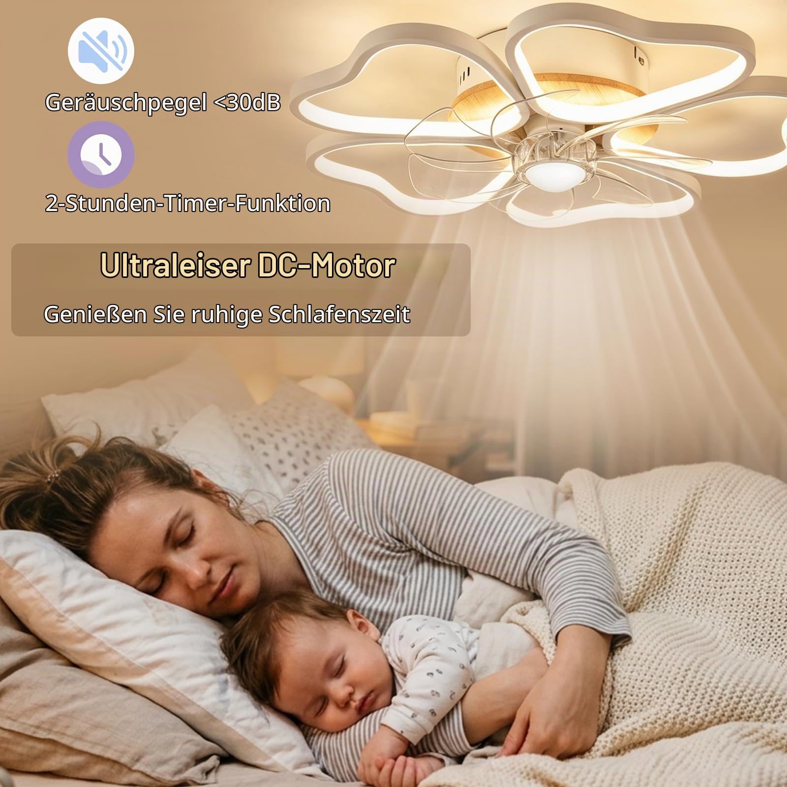Ventilator Deckenleuchte, 6 Geschwindigkeiten LED Deckenventilator mit Beleuchtung, 3000K-6000K 48W Dimmbare LED Deckenventilator mit Licht für Wohnzimmer Schlafzimmer Büro, Timer, Leise, 50cm