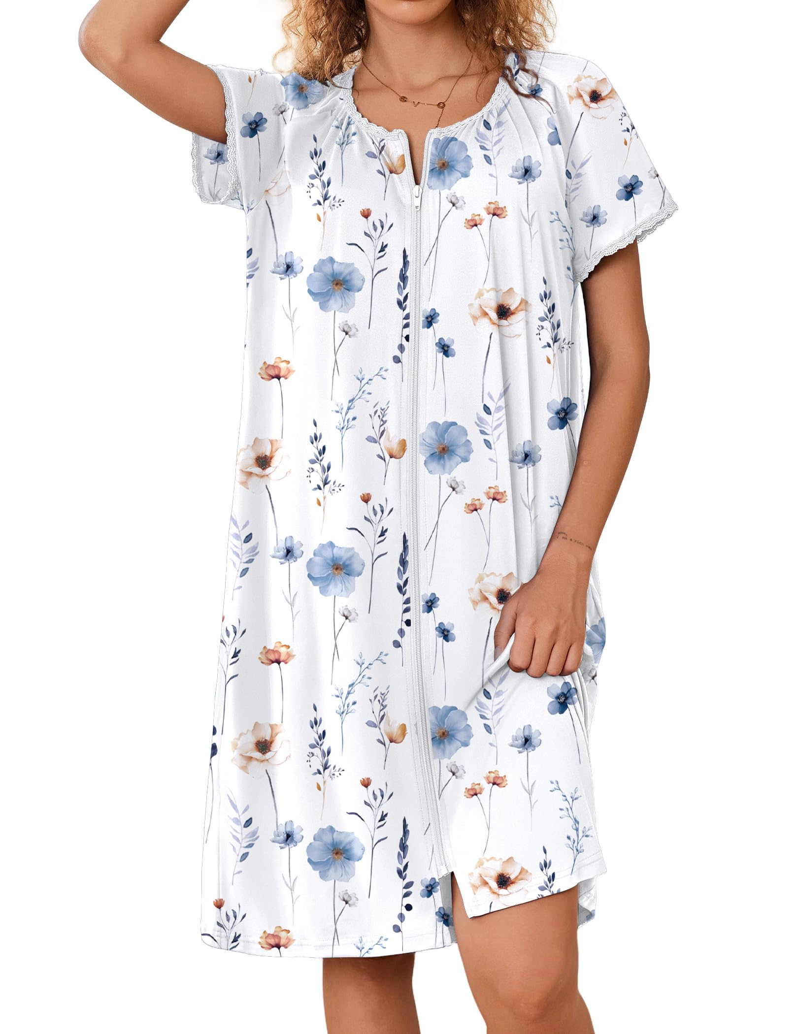 Ekouaer Zipper Robes for Women Short Sleeves Knit Bathrobes Knee Length Soft Lace Trim Loungewear with Pockets S-3XL
