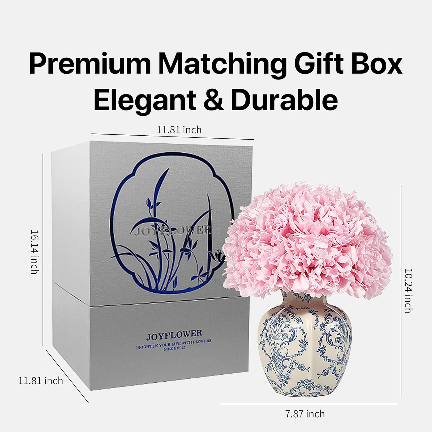 JoyFlower Preserved Flowers Vase, Blue and White Porcelain Vase with Forever Peonies Decor for Table Centerpieces, Eternal Flower Vase Decorations for Party Home Living Room Bedroom House Coffee Shop