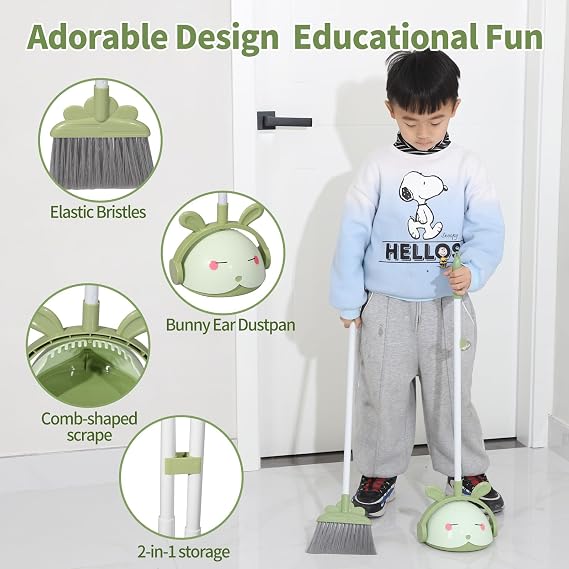 Midoneat Kids Cleaning Toy Set, Mini Child Broom, Mop and Dustpan, Little Housekeeping Helper Set ,Pretend Home Cleaning Play Set for Toddler Height 75-115cm,6pcs (Green)