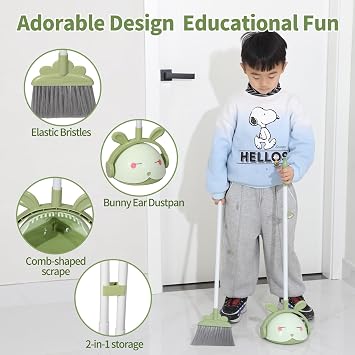 Midoneat Kids Cleaning Toy Set, Mini Child Broom, Mop and Dustpan, Little Housekeeping Helper Set ,Pretend Home Cleaning Play Set for Toddler Height 75-115cm,6pcs (Green)