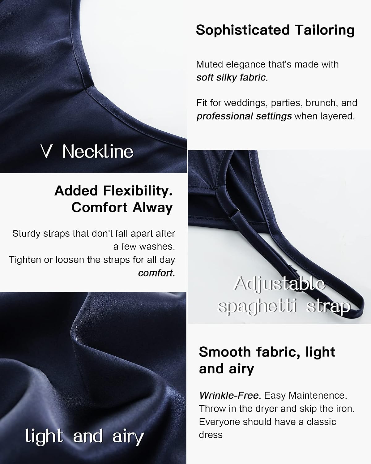 Xintianji Women's Basic Satin Silky Full Slip Midi Loose Dress with V-Neck Sexy Cami Adjustable Spaghetti Strap Lounge Wear Nightgown Dresses Fit Party Wedding Night Date Daily Dark Blue Large
