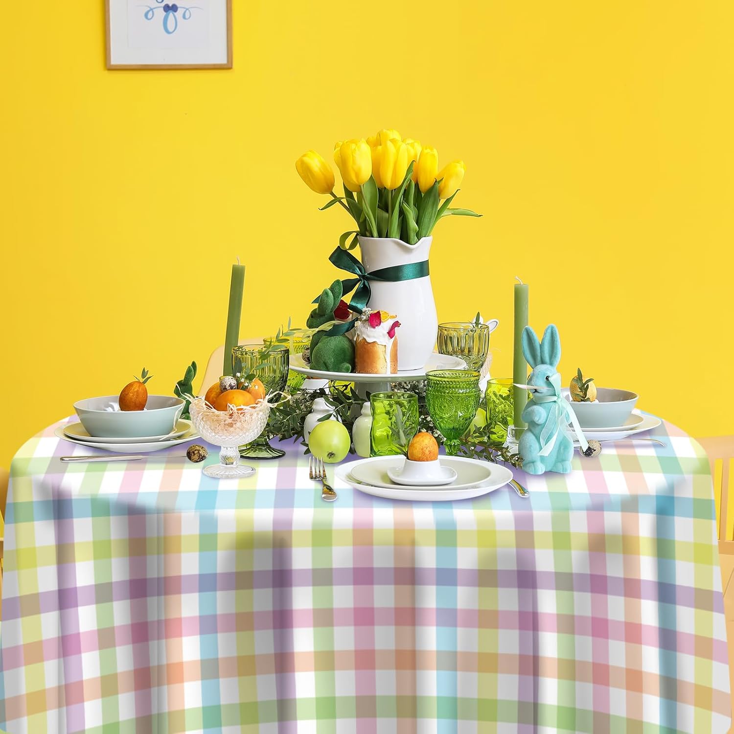 3Pcs Spring Easter Pastel Plaid Tablecloths Decorations, Plastic Pink Blue Yellow Green Watercolor Buffalo Disposable Round Table Cover for Indoor Outdoor Spring Birthday Easter Party Supplies, 84Inch