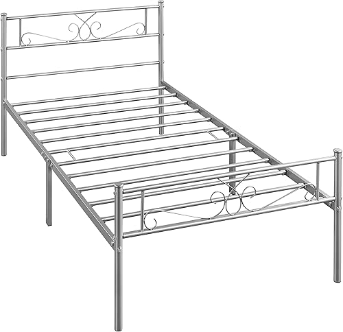 Topeakmart Base de cama de metal clásico plateado de 13 pulgadas con cabecero, base de colchón, cama de plataforma, base de cama con listones,
