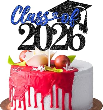 Class of 2026 Cake Topper, Congrats Grad/You Did It, Congratulations High School College Graduation Party Decorations, Black and Blue Glitter