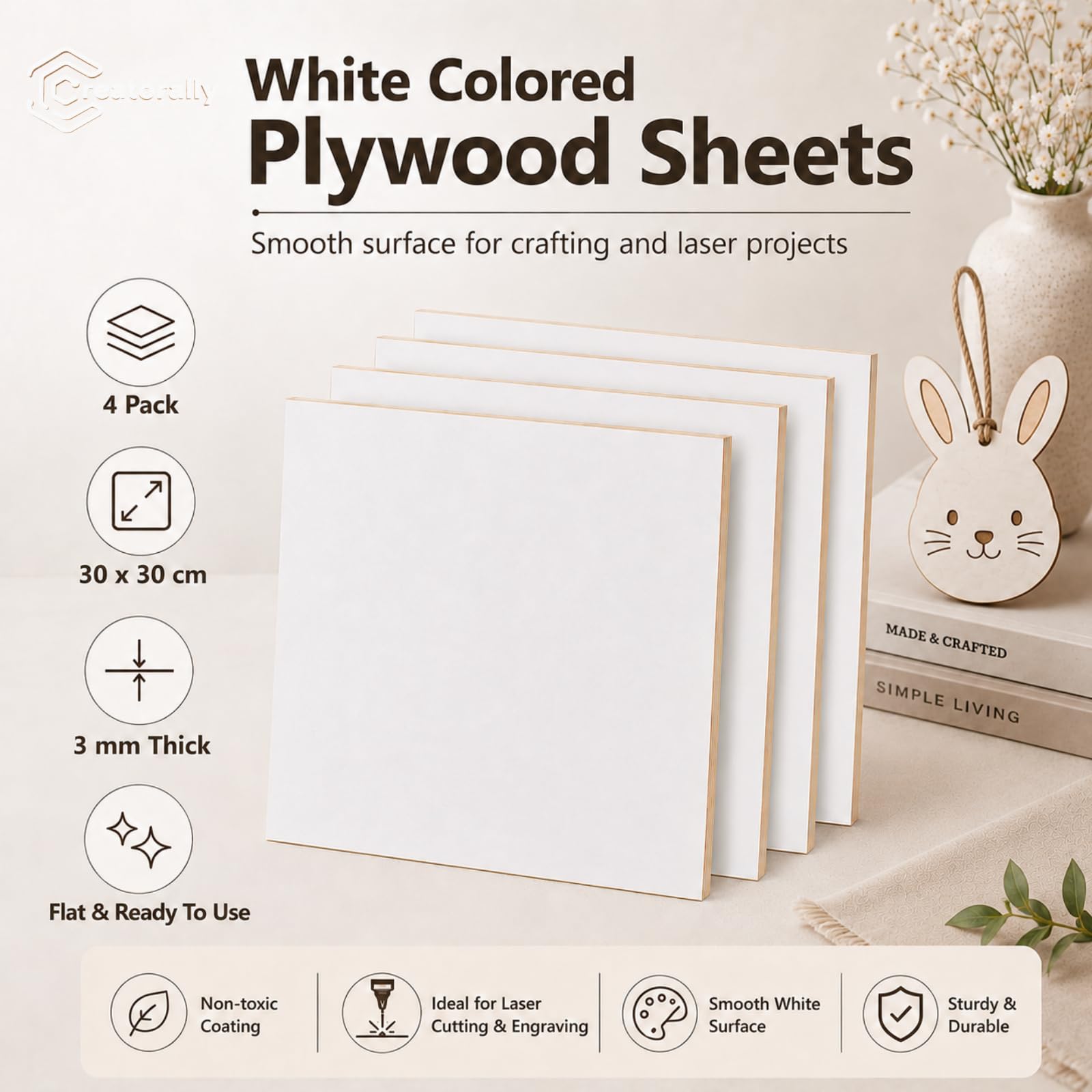 Coloré Contreplaqué 3mm, Bois de Tilleul pour Gravure Laser 30x30 cm 4 Pièces, Coloré Contre Plaque pour Gravure et Découpe CNC, Plaque de Bois pour Bricolage, Pyrogravure (Blanc)