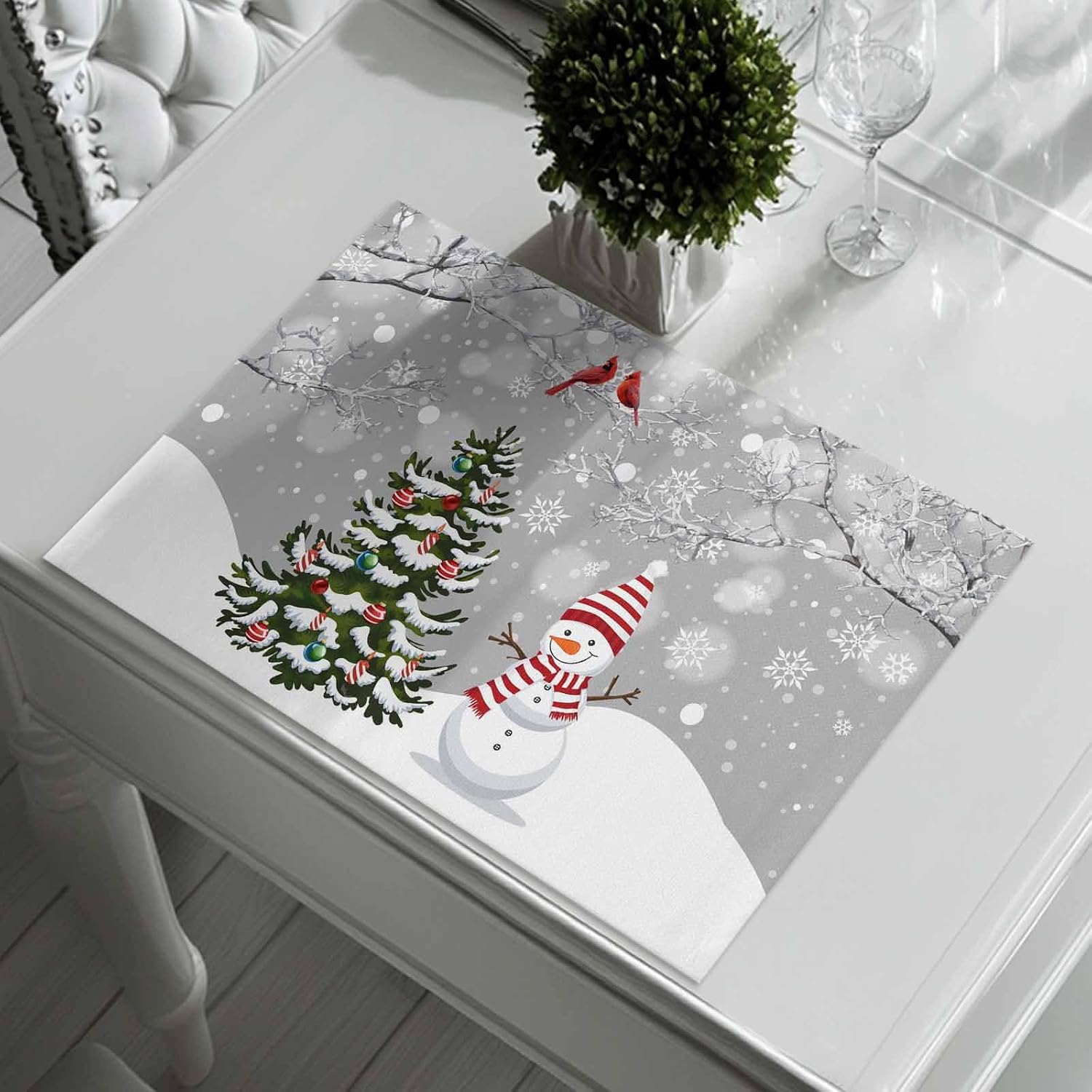 Christmas Winter Snowflake 1 Placemats Set of 6, Washable Cotton Linen Table Mats for Kitchen Dining Table, Heat Insulation Place Mats for Indoor Outdoor Parties, Holiday Decorations