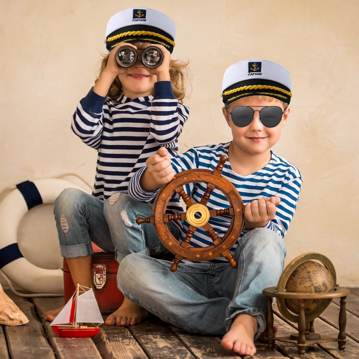 Hercicy 12 Pieces Yacht Captain Hat Sailor Ship Costume Set Captain's Yacht Sailors Hat Adjustable Sailor Ship Cap Polarized Sunglasses Lightweight Driving Sunglasses for Kids
