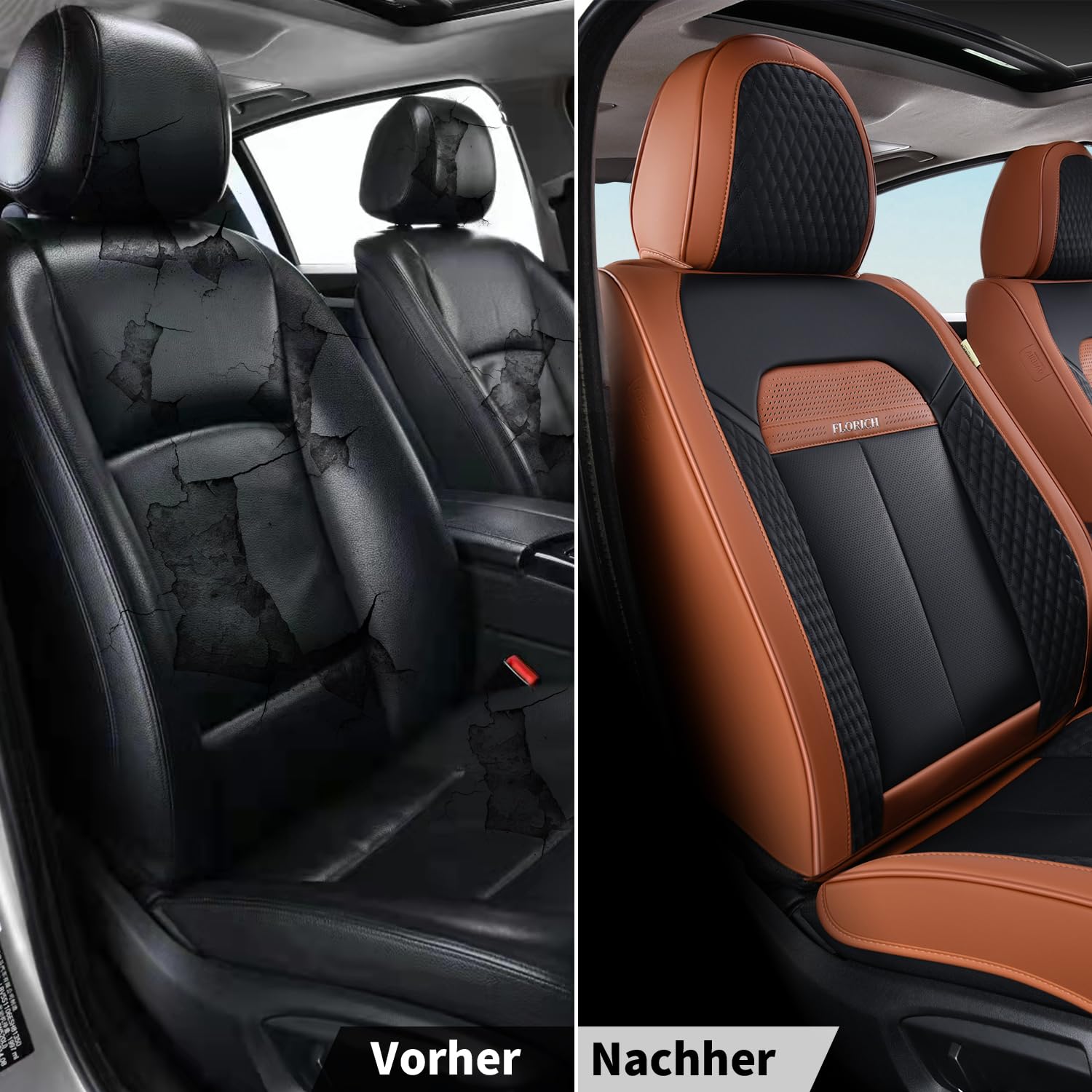 FLORICH Housses de Sièges Avant en Cuir, 2 Pièces Universelles Premium Housses de Sièges Auto Imperméables pour Voitures, Camions, Camionnettes, SUVs (Sièges Avant, Marron&Noir)