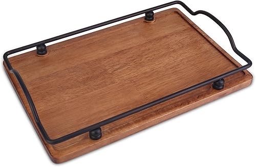 IEBIYO Bandeja de madera para servir, bandeja otomana vintage, bandeja decorativa rústica de alta calidad con asas de metal negro, bandeja de cocina