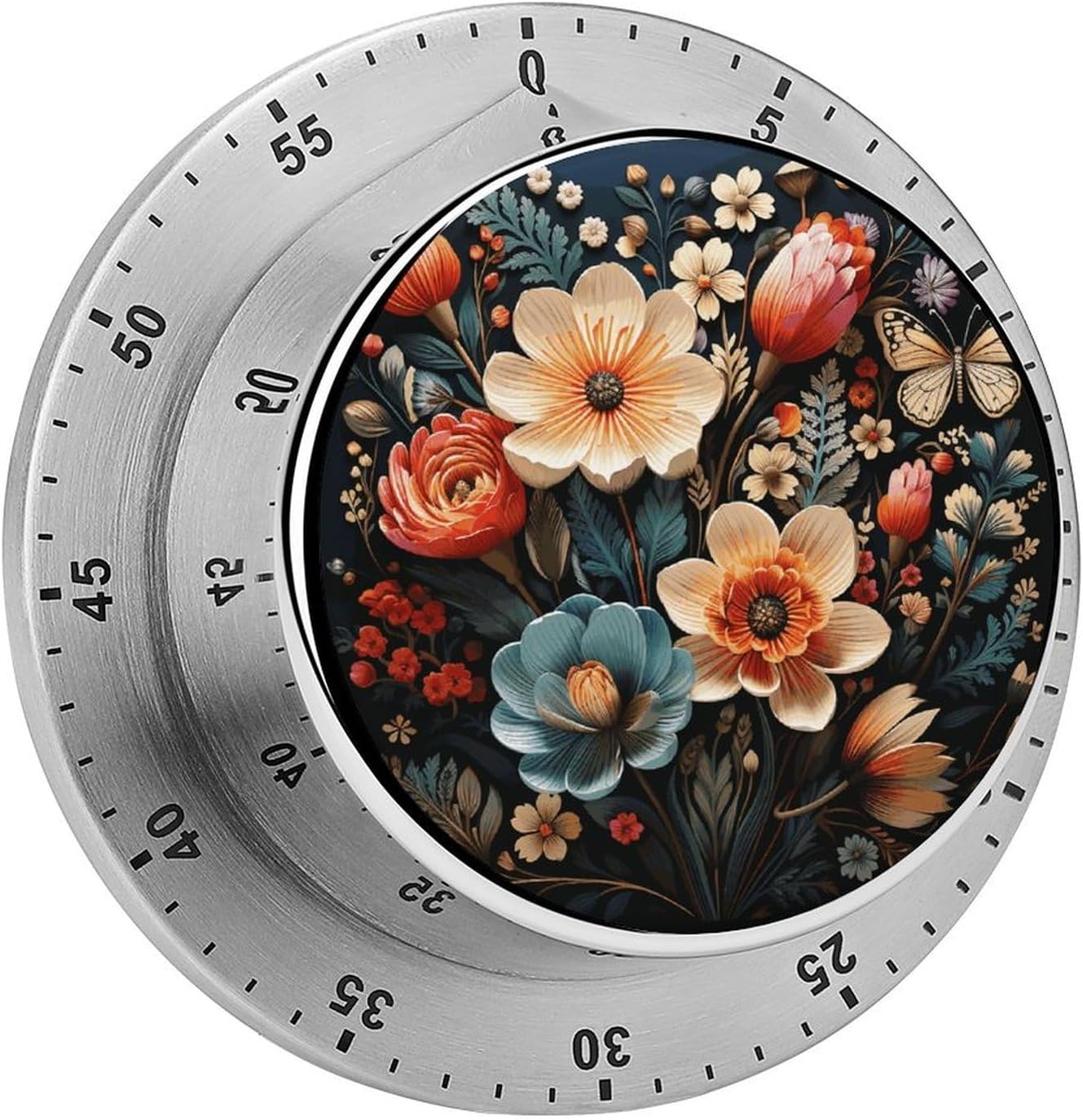 60 Minute Mechanical Kitchen Timer Clock, Stainless Steel Manual Countdown Timers, Magnetic Floral Pattern Timer Wind Up Timers with Loud Ring for Cooking Study Baking Exercise