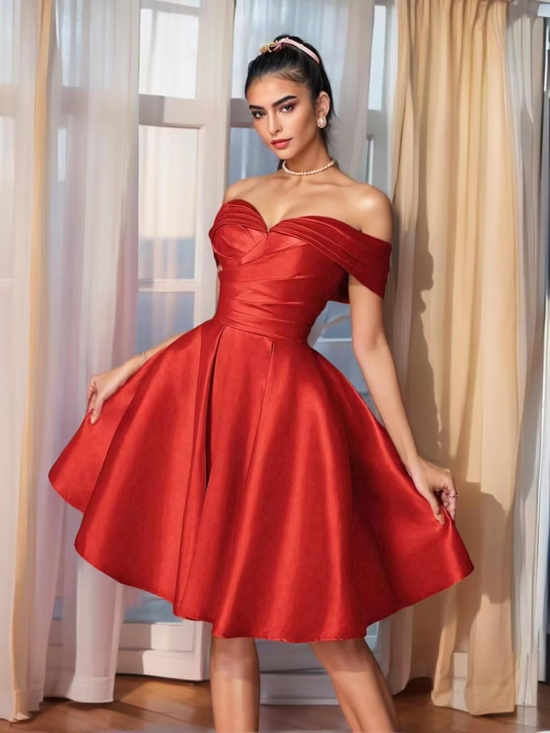 A-line Off Shoulder Short Satin Homecoming Cocktail Dress for Women, Formal Evening Party Dress