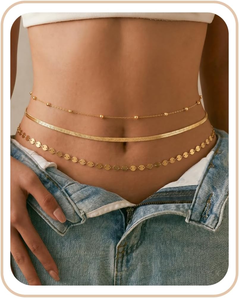 Hypoallergenic Waterproof 18K Gold Body Chain: Dainty 316L Surgical Stainless Steel Jewelry for Women Fashion, Cute Belly Waist Chain for Chest Stomach Hip Bikini Belt